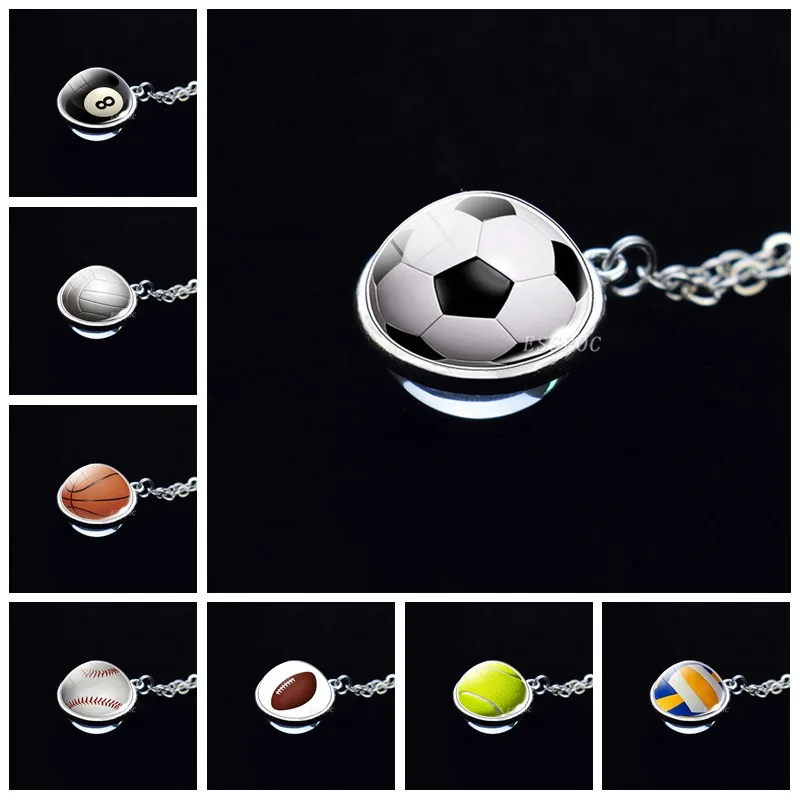 

Football Basketball Volleyball Necklace Sport Pendant Chain Double Side Glass Ball Necklace Men Women Ball Jewelry