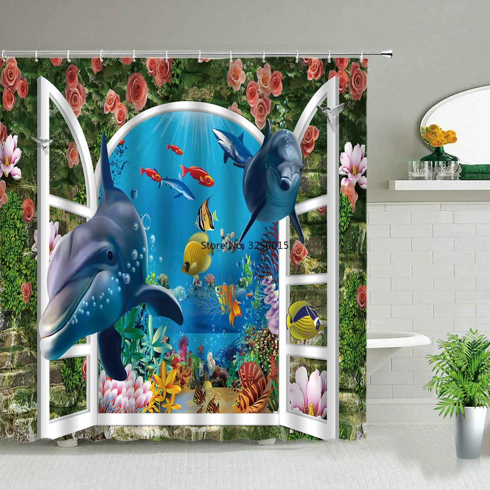 

Sunlight Ocean Dolphin Shower Curtains Tropical Fish Animal Waterproof Bathroom Curtain Set Sea Scenery Bathtub Decor With Hooks