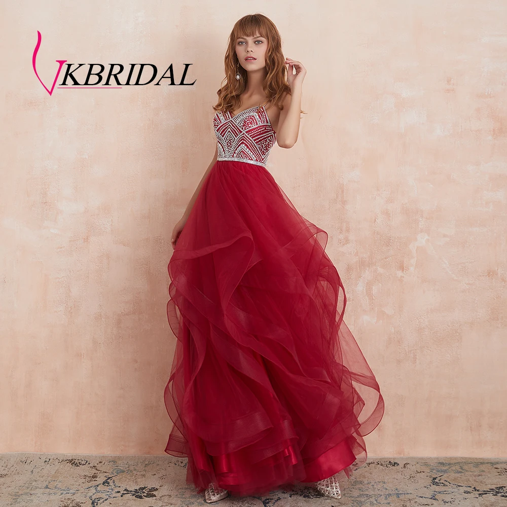 VKBRIDAL красные многоуровневые тюлевые платья для выпускного вечера новые Бальные платья с бисером и кристаллами официальное длинное вечернее платье