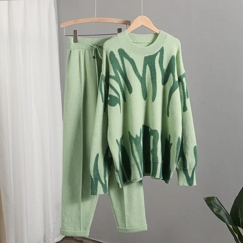 

Зимний вязаный комплект из двух предметов Tie Dye, женские брюки-шаровары, свободные свитеры оверсайз, трикотажный спортивный костюм для бега, ...