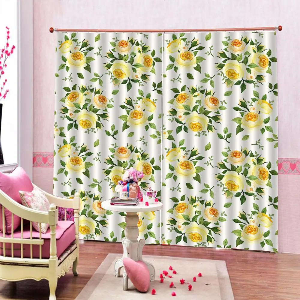 

Customized 3D Curtain 2 Panels with Hooks Floral Watercolor Bright Summer Pattern Yellow Flowers and Green leaves Drapes Decor
