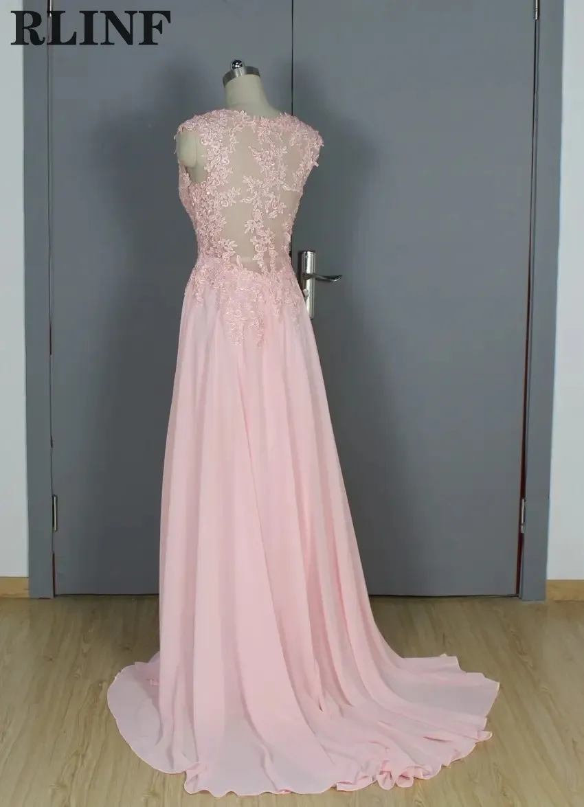

Custom Formal Gown Pink Sheer Lace Appliques V Neck A Line Floor Length Evening Dresses