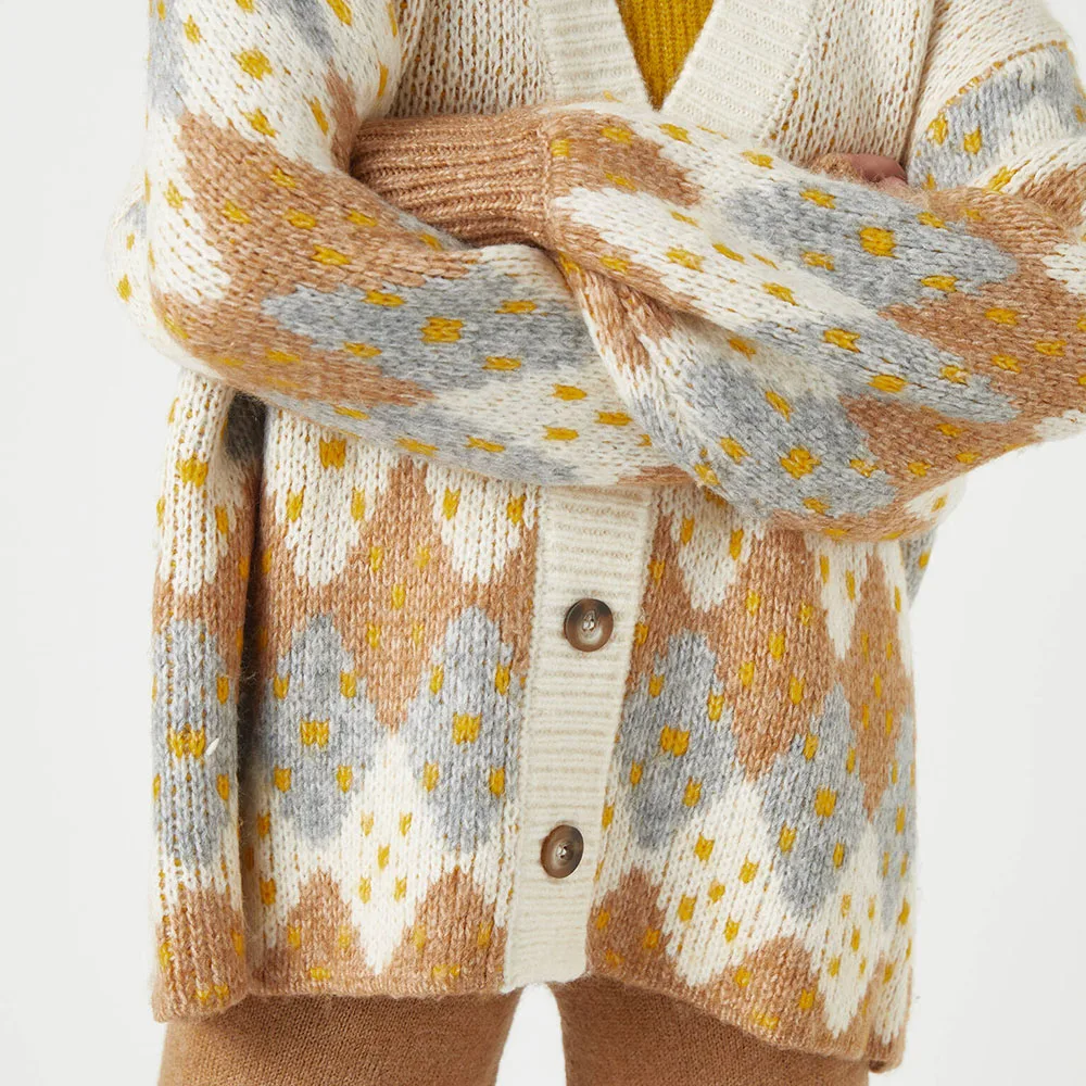 

Cardigan Sweater Women 2021 Autumn Geometric Print Fashion Casual V-Neck Long Sleeve Female Simple Knitted Outwear Cardigan