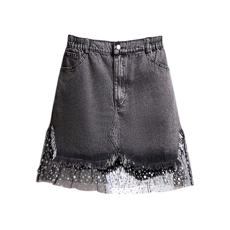 

New 2021 Ladies Spring Summer Plus Size Denim Mini Skirt For Women Large A-line Cotton Gray Lace Skirts 3XL 4XL 5XL 6XL 7XL