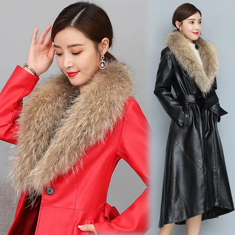 2021 Autumn winter New Women PU Leather Jacket Long Slim Large Size 5XL Women's Leather Coat Fashion Leisure Female Coats C