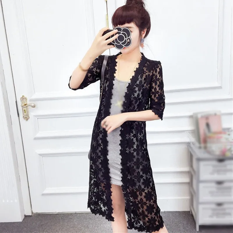 

Women Summer Hollow Out Lace Crochet Blouses Fashion Long Sleeve Sun Protection Shirt Plus Size 2XL Loose Cardigan