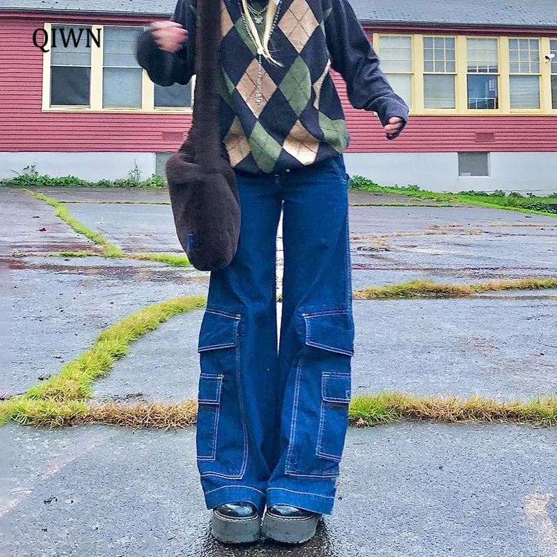 

Женские мешковатые джинсы Y2K с широкими штанинами, уличная одежда в стиле пэчворк с большими карманами, брюки-карго с высокой талией, винтаж...