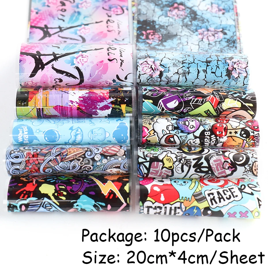 

10pcs Colorful Nail Art Transfer Foils Sliders Flower Letter Full Wraps Nail Adhesive Stickers Decals Manicure Decoration TR4122