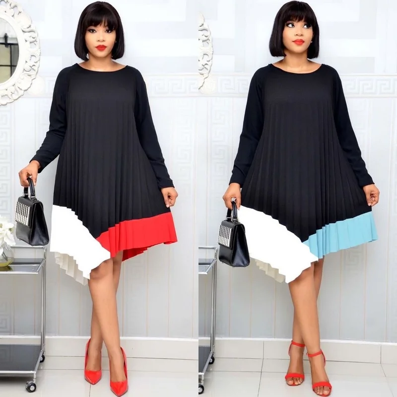 

Lugentolo Elegant Dress Women Long Sleeve Irregular A-line Dress Plus Size Patchwork Color Mini Pleated Dress
