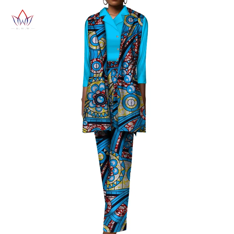 New Women Shirt Pants and Vest Coat Sets Bazin Riche African Clothes 3 Pieces Pants Sets Dashiki Women African Clothing WY3444