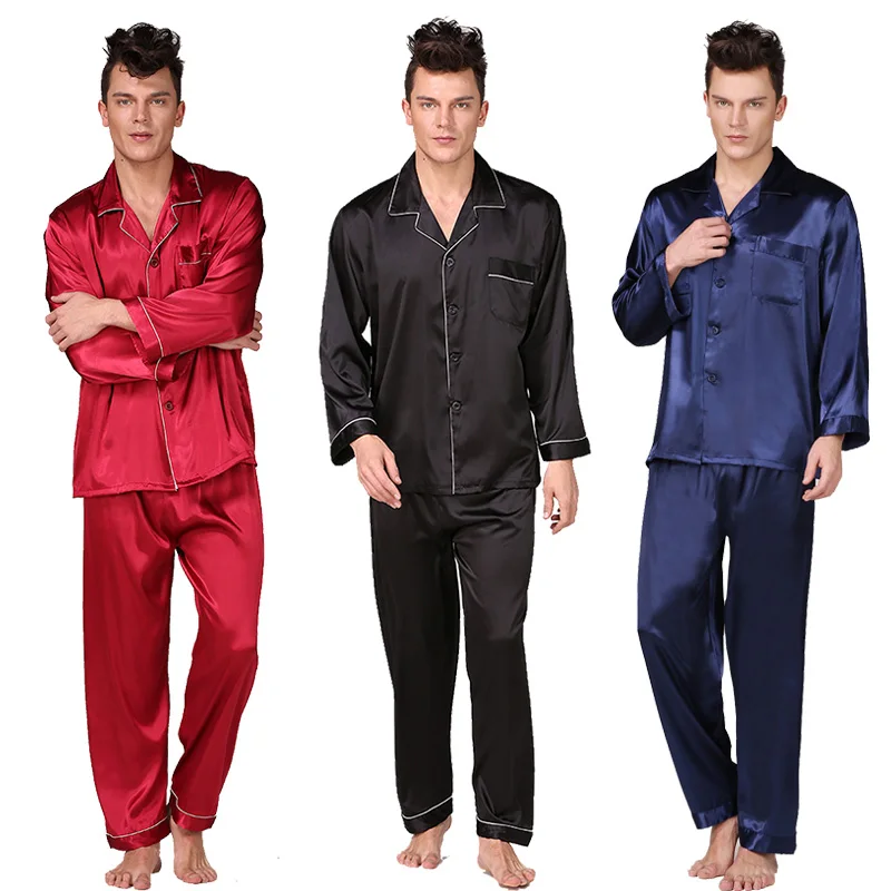 

Plus Size Men's Silk Pajama Black Red Blue Stain Silk Sexy Sleepwear Modern Style Homewear Set Soft Bath Sleep Pyjama 2 Pcs/set