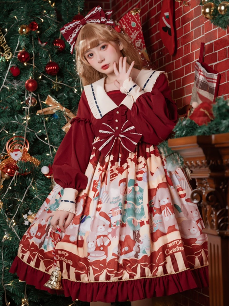

Christmas Bear Sweet Cute High Waist Lolita Dress Princess Dress New Year