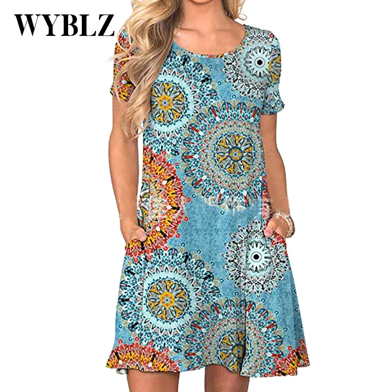 

WYBLZ Summer Women Dress Sexy Casual Boho Short Sleeve Mini Dress Elegant Floral Print Knee-Length Dress For Women Lady Dresses