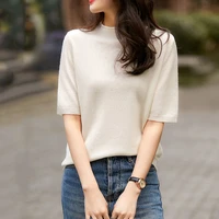 ljsxls thin women sweater shot sleeve knitted clothes summer casual jumper korean elasticity pullover white black gray chic top