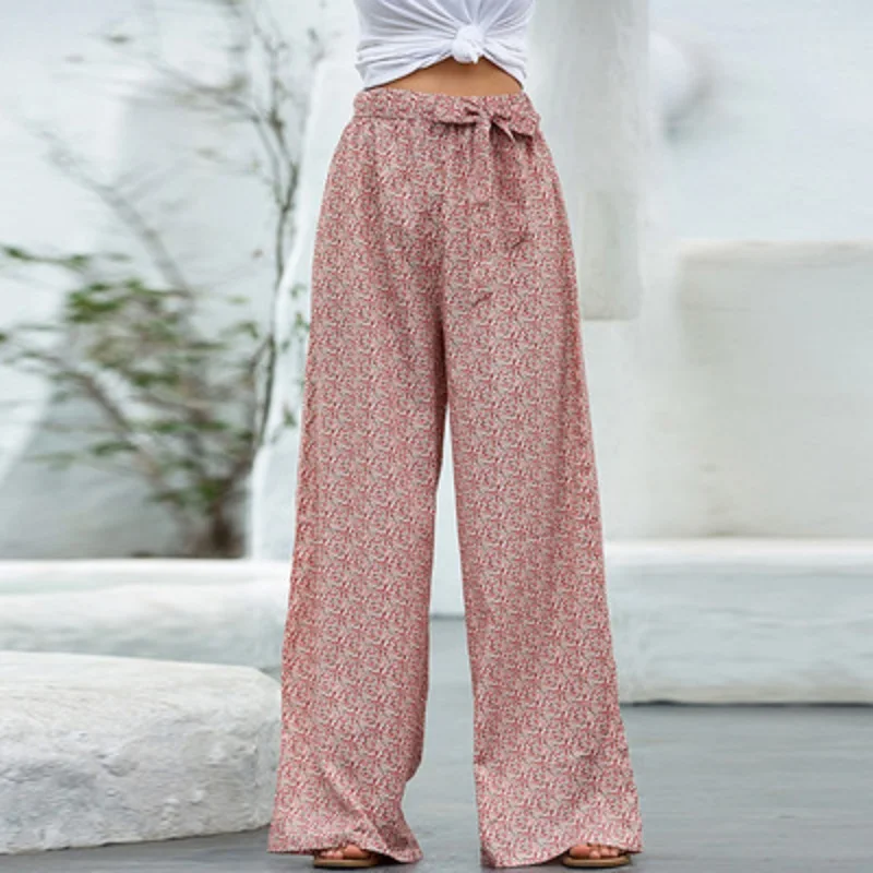 

OLOMLB 2021 European and American cross border women's summer new loose print wide leg pants belt pants