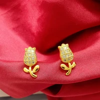 rose flower stud earrings women girl pretty yellow gold filled classic jewelry gift
