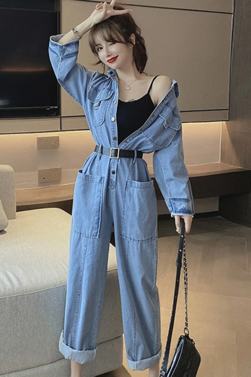 

Fashion Retro Hong Kong Style Denim Overalls Women's 2020 New Autumn Casual Loose Wide Leg Pants Pants
