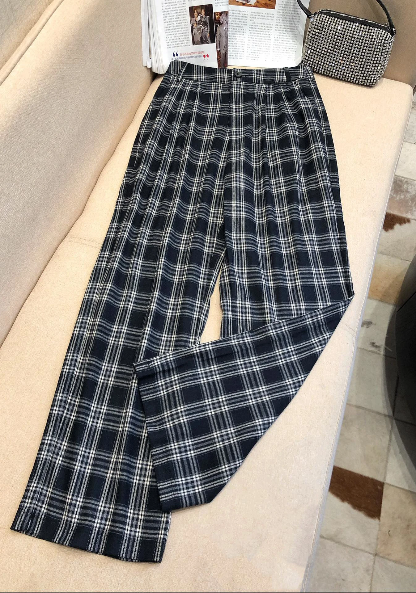 

2023 ladies loose fashion retro high waist plaid wide leg pants 0930