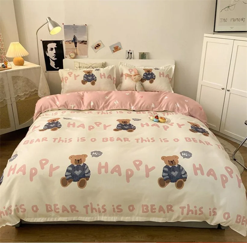 

Комплект постельного белья, домашний текстиль, пододеяльник с голубым и розовым медведем, наволочка, простыня, для детей и взрослых, двуспальная кровать, полный комплект
