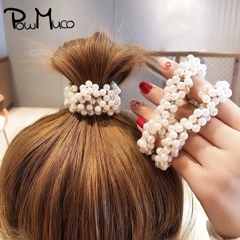 

Powmuco Fashion Rope Scrunchie Ponytail Holder Faux Pearl Beads Elastic Hair Bands Handmade Headwear Accessories for Women