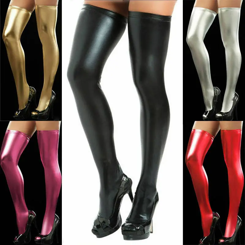 Женские кожаные чулки выше колена черные красные серебристые золотистые длинные