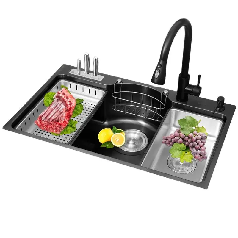 

Большая Черная кухонная раковина с одним баком 304 из нержавеющей стали, многофункциональная интегрированная раковина 78*48 см