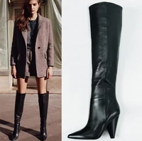 winter new hot ladys solid black genuine leather pointed toe 8 cm heels spike heels slip on knee high long knight boots
