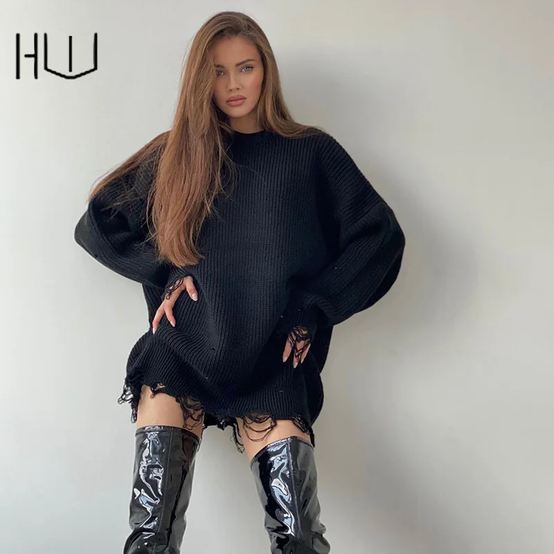 

Autumn Winter New Round Neck Sweater Design Irregular Hole Loose Long Sweater Women Loose Mini Dresses Casual Maxi Vestidos