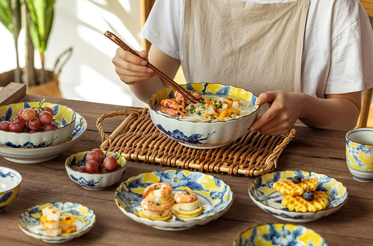 

Hand-painted Floral Ceramic Cutlery Retro Noddle Bowl Dessert Salad Steak Plate Household Dinner Set