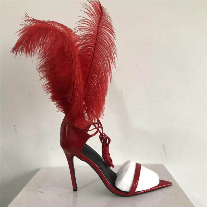 

2021 Summer Shoes Woman Catwalk Ostrich Feather Strap High Heels Sandals Plus Size Ladies Sandalias Femininas Night Party Shoes