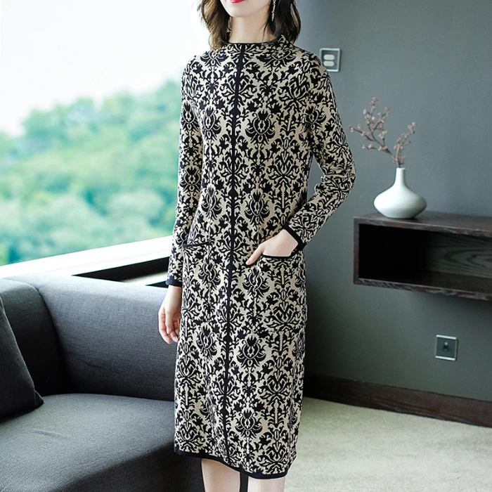 

2021 Autumn Winter Print Casual Sweater Dress Women Turtleneck Pocket Patchwork Long Sleeve Knitted Loose Dresses Jumper Vestido