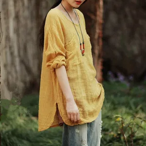 Блузка женская из хлопка и льна, с длинным рукавом, свободная, средней длины, 2016