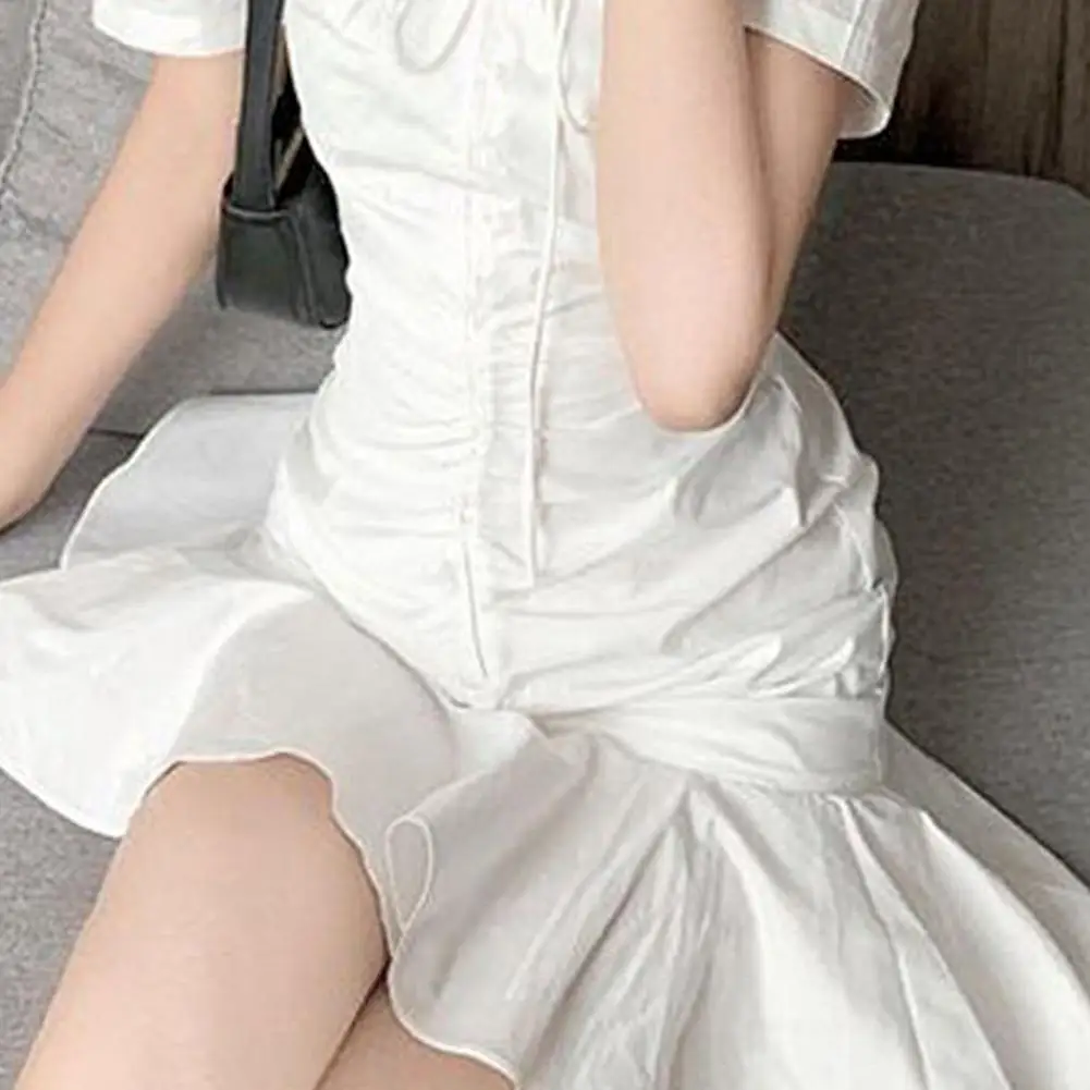 

Women Dress Ruffled Hem Square Neck Polyester Short Sleeve White Streetwear for Date