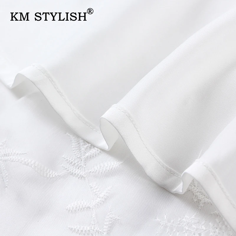 

New Women White V-neck Chiffon Casual Dress Lace Embroidery Short-sleeve Summer Slim Waist Elegant Dresses