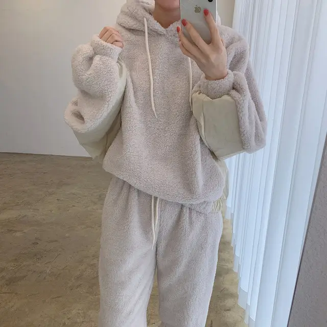 

Теплый костюм для женщин, подходящий ко всему, свитер с капюшоном и контрастной прострочкой из овечьей шерсти, костюм для дома, спортивный к...