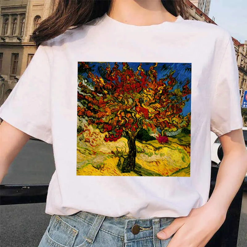 Van gogh женская футболка с рисунком кота, Рисунок маслом, решетка, принт, новая милая женская футболка, Повседневная футболка Harajuku, забавная футболка ulzzang grunge - Цвет: 9250