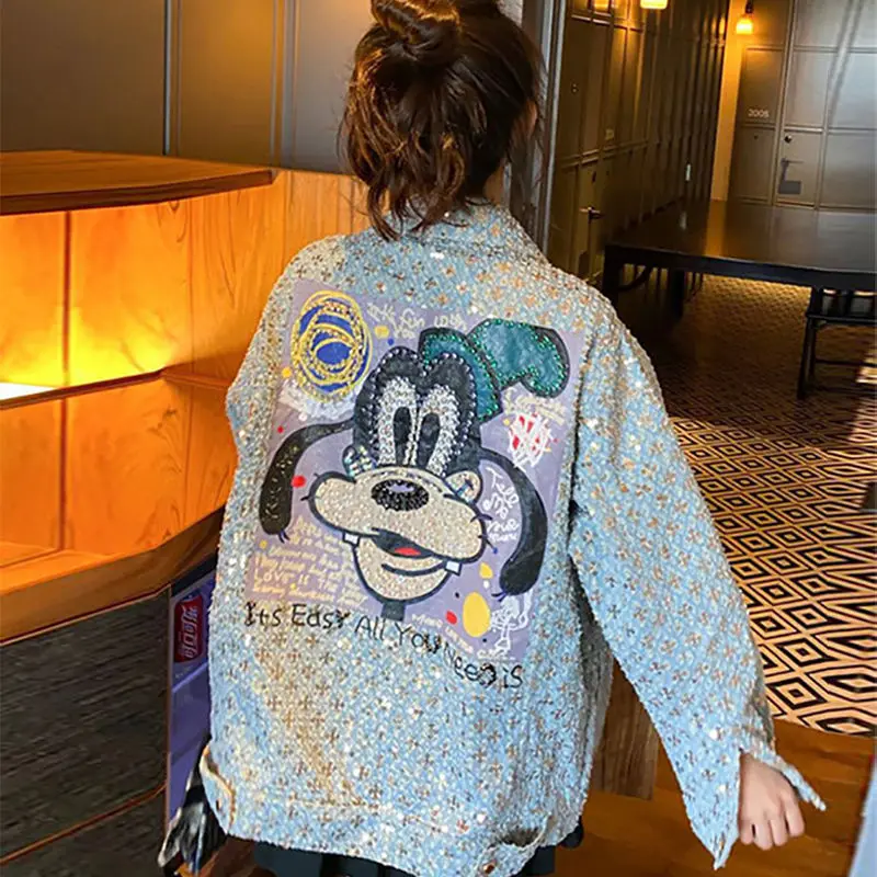 Женская джинсовая куртка с мультяшным принтом свободная оверсайз блестками и