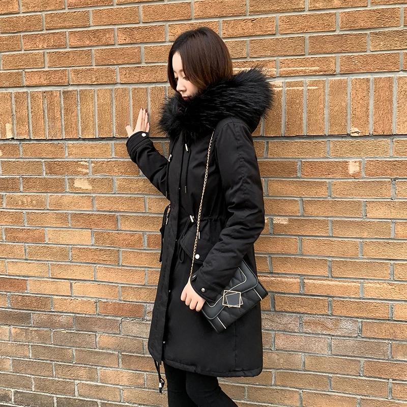 

Winter Long Coat Women Plus Size Casual Hooded Fur Collar Parka 2019 Faux Wool Liner Cotton Padded Jacket Womens