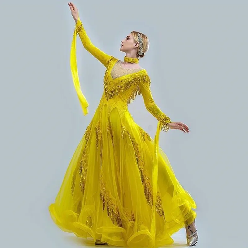 

Yellow New Sequins V-neck Long Sleeves Women Ballroom Dance Dress For Dancing Waltz Dress Rumba Dance Costumes Ball Gown