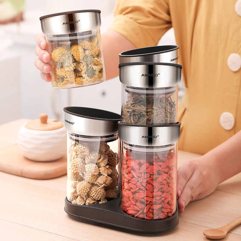 AMINNO Kitchen Food Storage Organizer Containers Stack 5 Glass Bottles Sealed Lid Rotatable Rack 380mlx2 570mlx2 850mlx1 | Дом и сад