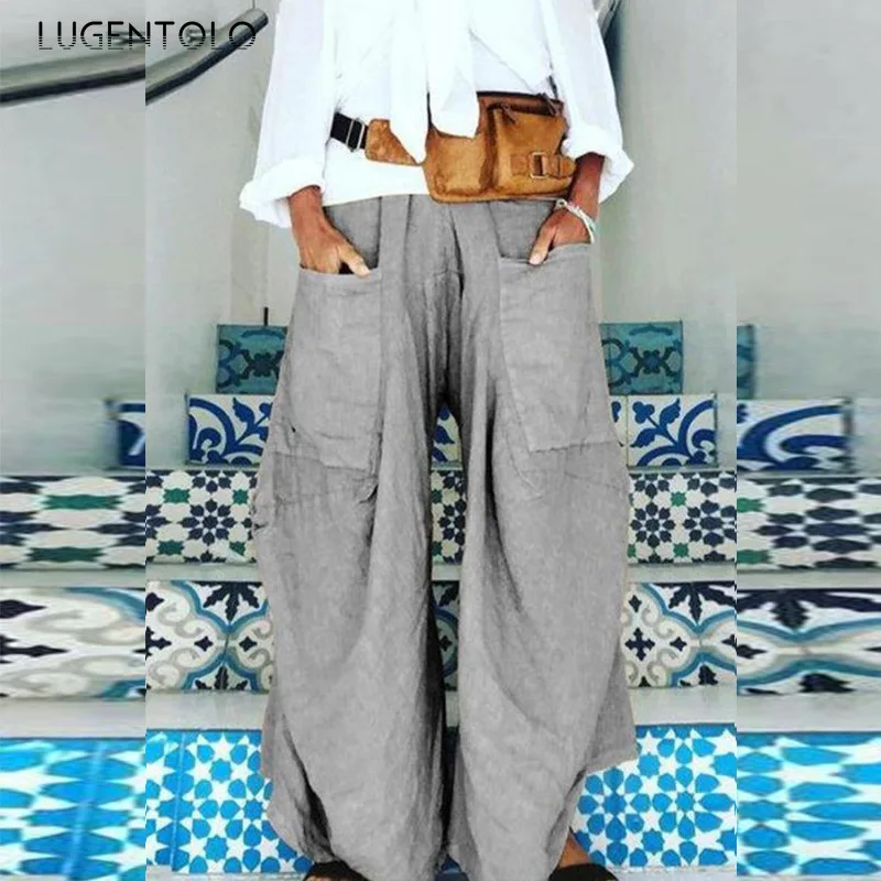 Lugentolo Woman Pants Fashion New Outdoor Sports Big Pocket Irregular Wide Leg Casual Wild Overalls S-5XL | Женская одежда