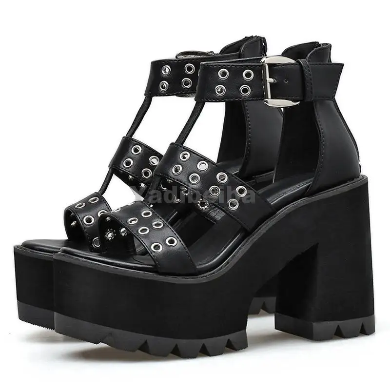 

Туфли женские с заклепками, пикантные Босоножки на платформе, блочный каблук, молния сзади, сандалии-гладиаторы, обувь для вечевечерние в ро...