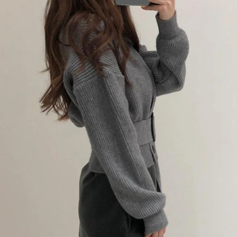 

Cardigans Autumn Winter Women V Neck Double Breasted Loose Cardigan Coat with Belt Casual Vintage Knitted Sweater Jacket Coat