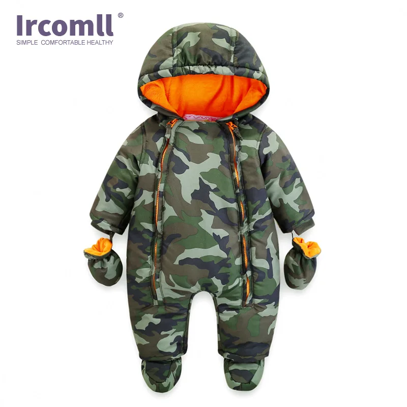 Ircomll/; детские комбинезоны для новорожденных; зимняя плотная теплая одежда для маленьких мальчиков и девочек; камуфляжный комбинезон с капюшоном и цветочным принтом; детская верхняя одежда