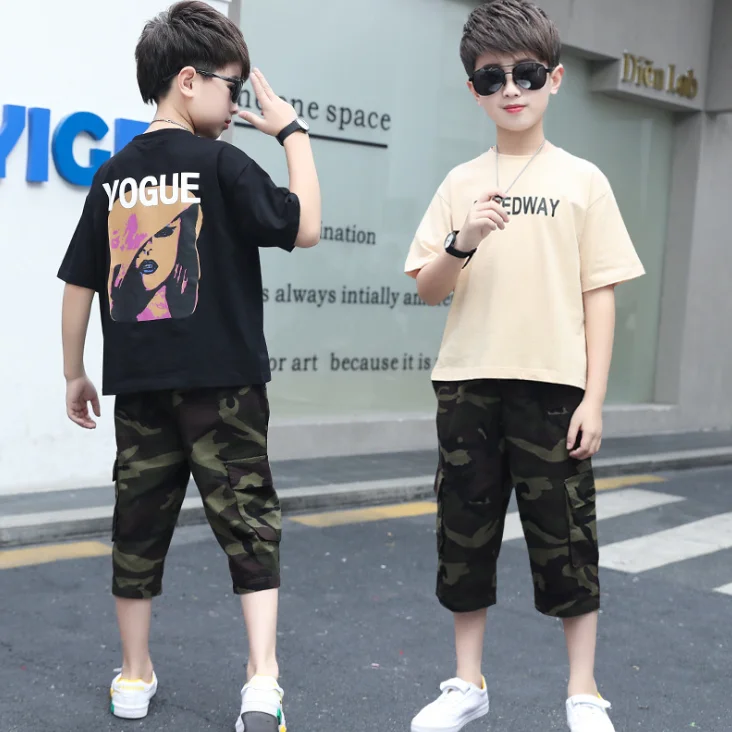 

2Pcs Summer Outfits for Boys Girls Cotton T-Shirts Camouflage Shorts Casual Clothes Dancewear vetement garcon For 6 8 10 12 14 Y