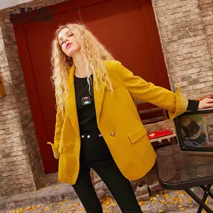 Женский вельветовый Блейзер ELFSACK, желтый однотонный Повседневный вельветовый пиджак карамельной расцветки с длинным рукавом, весна 2020