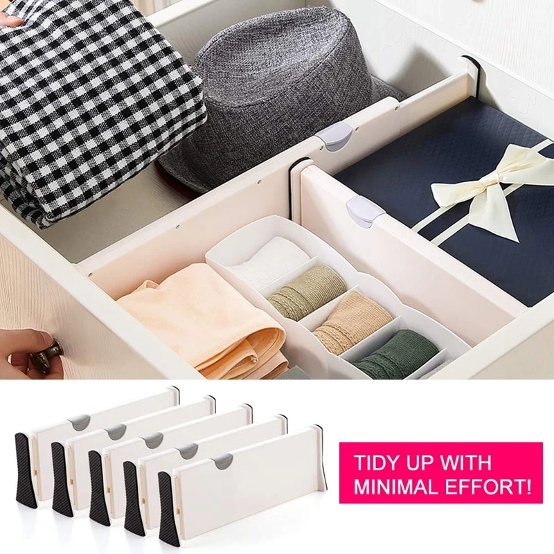 

FashionDrawer Dividers Organizer 5 Pack,Adjustable Separators 4 Inch High Expandable From 11-17 Inch for Bedroom,Bathroom,Closet