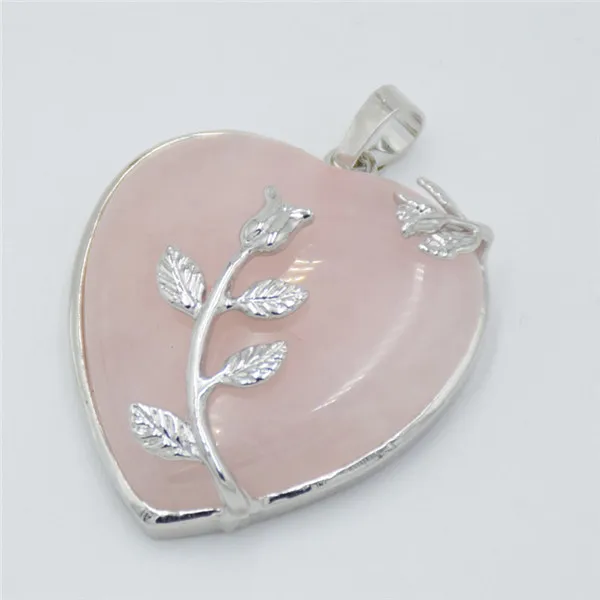 Pink Crystal Романтический покрытый серебром натуральный камень Lapis розовый кристалл кварца Любовь Сердце цветок кулон для женщин ожерелье ювелирные изделия - Окраска металла: Pink Crystal