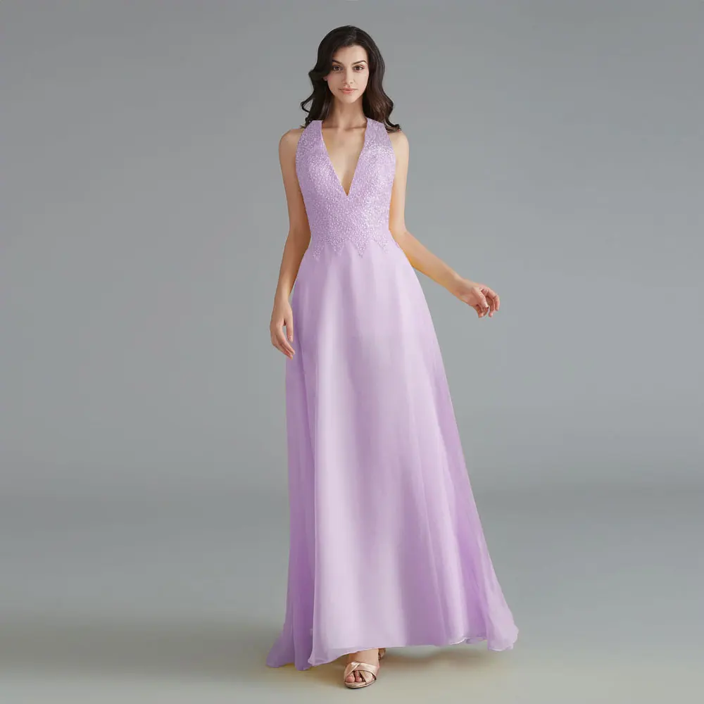 Light Purple Красивые кружевные платья подружки невесты с v-образным вырезом и бусинами, модель года, шифоновое платье без рукавов для свадебной вечеринки, платье с открытой спиной, Vestido de dama de honor - Цвет: Light Purple