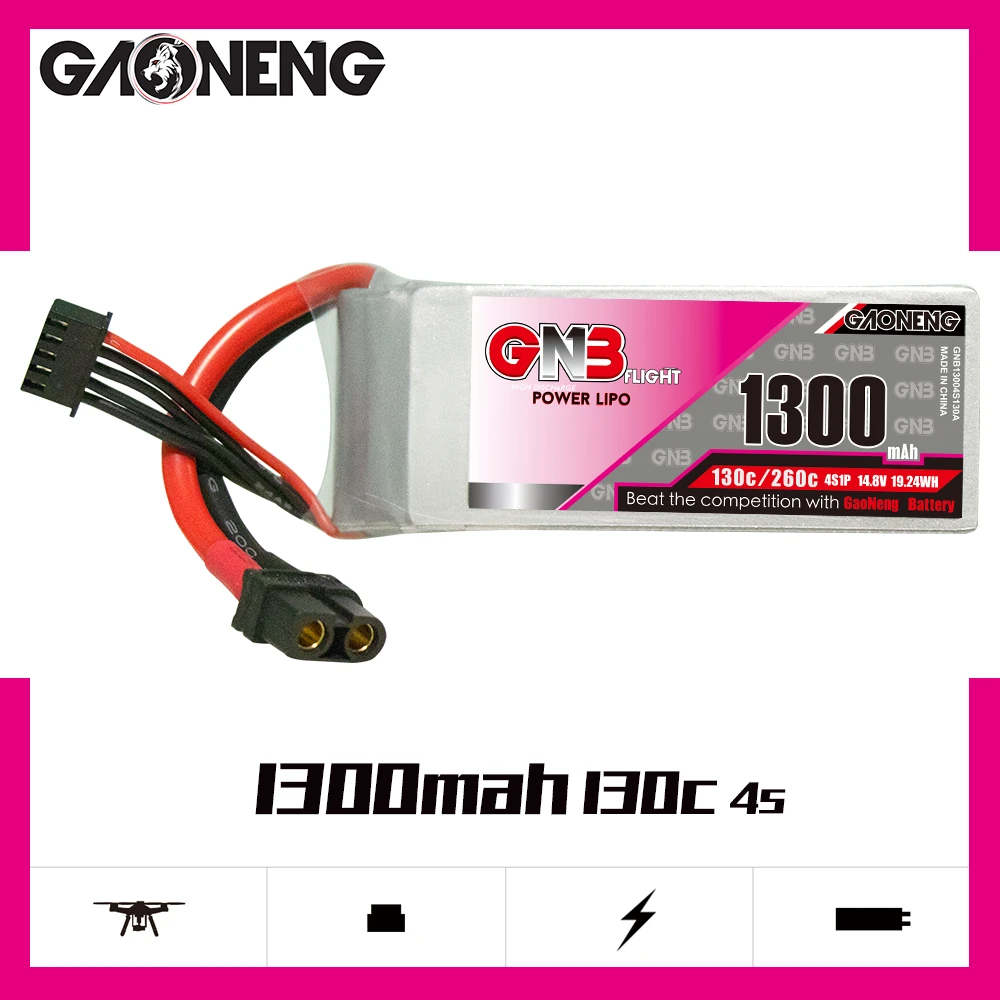 

Gaoneng GNB 4S1P 1300mAh 14.8V 130C/260C Lipo Battery With XT60 Plug For 250 Size 3D FPV Racing Drone RC Quadcopter Parts